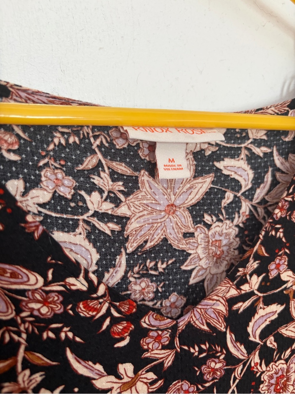 Knox Rose Black Floral V-Neck Top with Pink and Cream Blooms